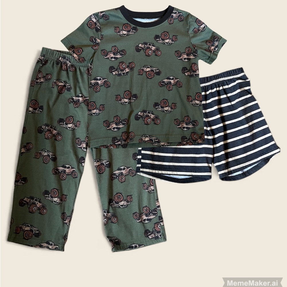 Carter's Green Tractor and Navy Striped Pajama Set